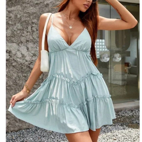 Boho Plunging Neck Ruffle Hem Mini Dress - Picture 4 of 7